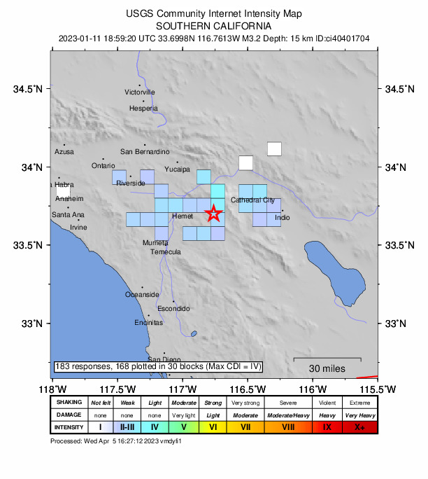 USGS DYFI community-reported intensity map for the M3.2 earthquake near 6km SW of Idyllwild, CA
