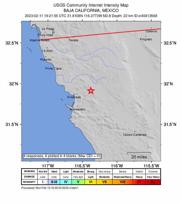 USGS DYFI community-reported intensity map for the M2.8 earthquake near 23km ENE of Ensenada, B.C., MX