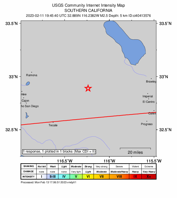 USGS DYFI community-reported intensity map for the M2.5 earthquake near 28km ENE of Pine Valley, CA