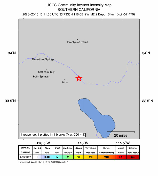 USGS DYFI community-reported intensity map for the M2.2 earthquake near 13km ENE of Coachella, CA