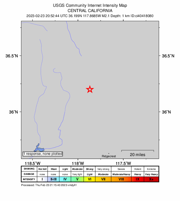 USGS DYFI community-reported intensity map for the M2.1 earthquake near 15km SE of Olancha, CA