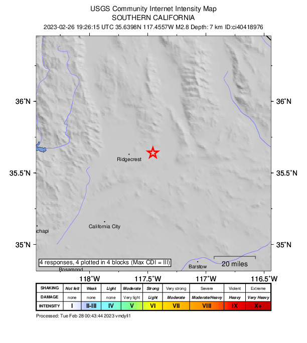 USGS DYFI community-reported intensity map for the M2.8 earthquake near 15km SSW of Searles Valley, CA