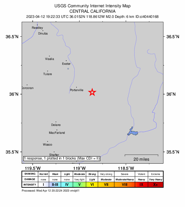 USGS DYFI community-reported intensity map for the M2.0 earthquake near 15km ESE of Porterville, CA