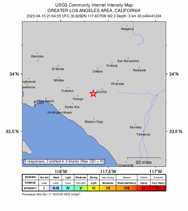 USGS DYFI community-reported intensity map for the M2.3 earthquake near 10km WSW of Corona, CA