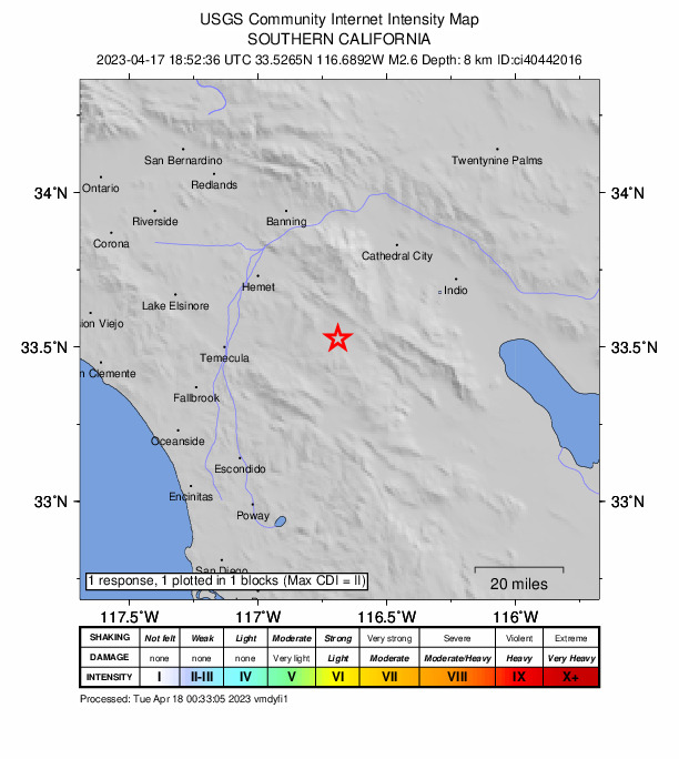 USGS DYFI community-reported intensity map for the M2.6 earthquake near 4km SSW of Anza, CA