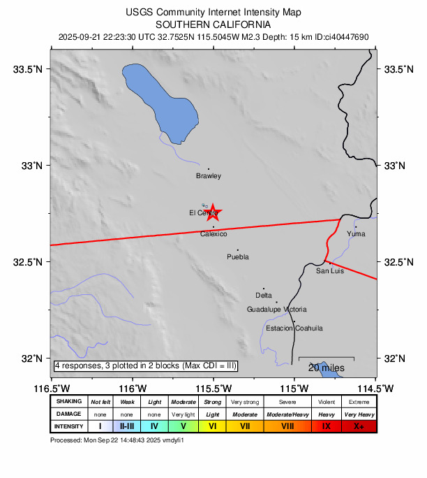 USGS DYFI community-reported intensity map for the M2.3 earthquake near 3 km NE of Heber, CA