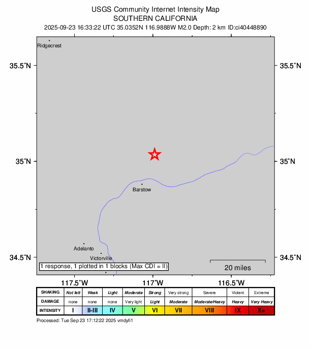 USGS DYFI community-reported intensity map for the M2.0 earthquake near 16 km NNE of Barstow, CA