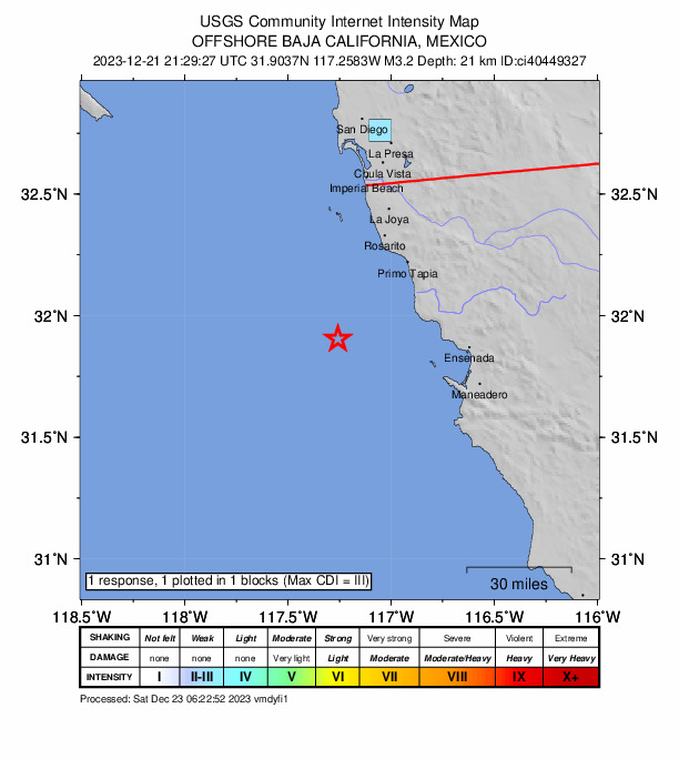 USGS DYFI community-reported intensity map for the M3.2 earthquake near 48 km SW of Primo Tapia, B.C., MX