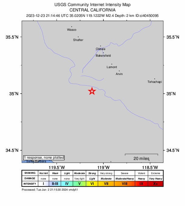 USGS DYFI community-reported intensity map for the M2.4 earthquake near 20 km WNW of Grapevine, CA