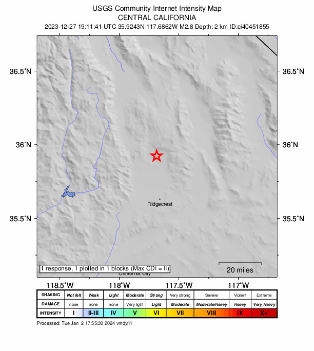 USGS DYFI community-reported intensity map for the M2.8 earthquake near 20 km E of Little Lake, CA
