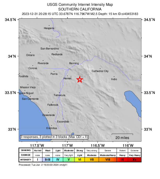 USGS DYFI community-reported intensity map for the M2.5 earthquake near 10 km SW of Idyllwild, CA