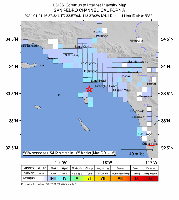 USGS DYFI community-reported intensity map for the M4.1 earthquake near 18 km S of Rancho Palos Verdes, CA