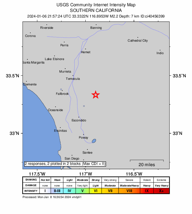 USGS DYFI community-reported intensity map for the M2.2 earthquake near 4 km SW of Palomar Observatory, CA