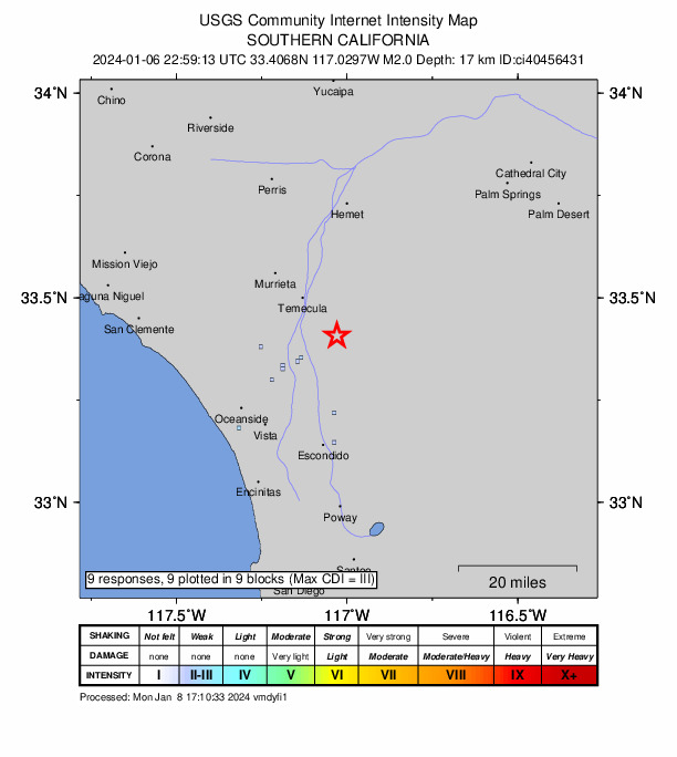 USGS DYFI community-reported intensity map for the M2.0 earthquake near 6 km NE of Pala, CA