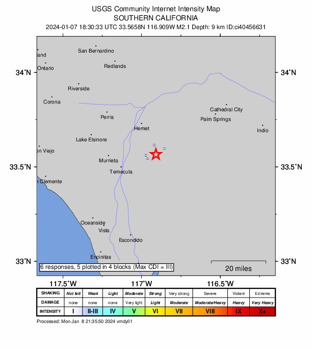 USGS DYFI community-reported intensity map for the M2.1 earthquake near 14 km NNW of Aguanga, CA