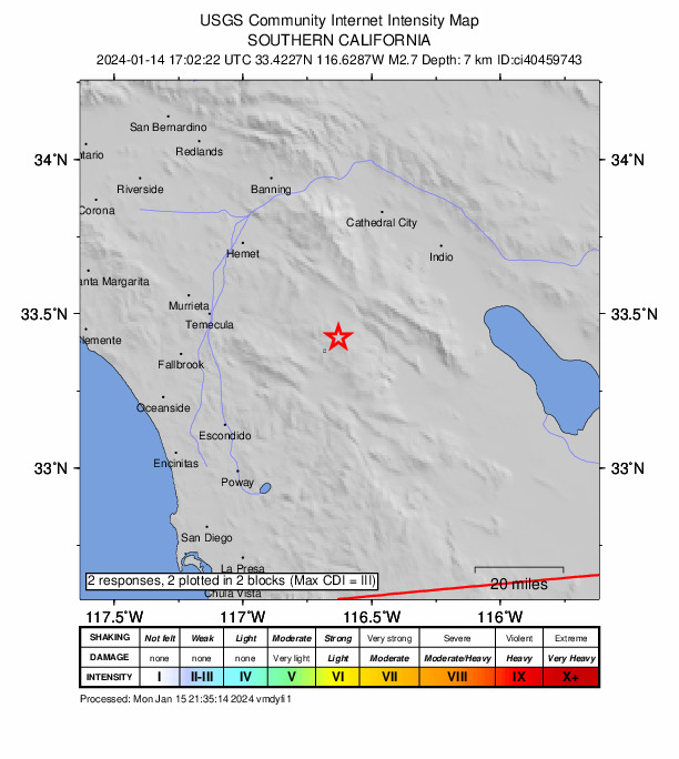 USGS DYFI community-reported intensity map for the M2.7 earthquake near 15 km SSE of Anza, CA