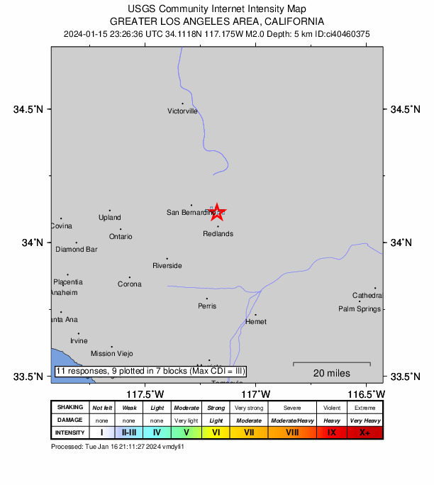 USGS DYFI community-reported intensity map for the M2.0 earthquake near 4 km ESE of Highland, CA