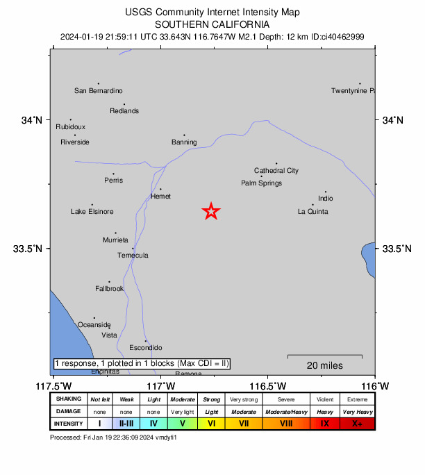 USGS DYFI community-reported intensity map for the M2.1 earthquake near 12 km SSW of Idyllwild, CA