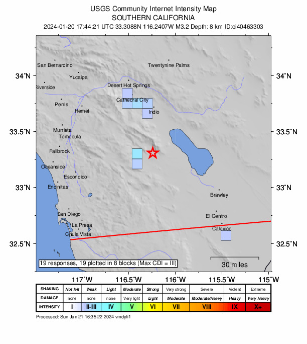 USGS DYFI community-reported intensity map for the M3.2 earthquake near 14 km ENE of Borrego Springs, CA