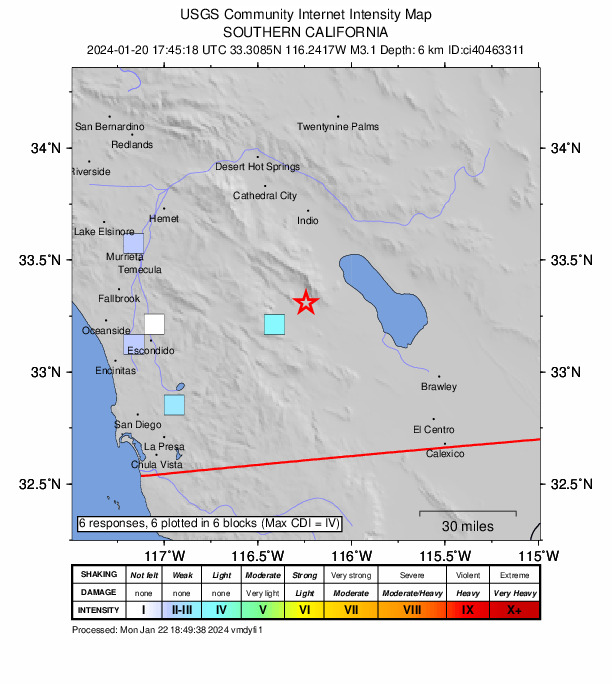 USGS DYFI community-reported intensity map for the M3.1 earthquake near 14 km ENE of Borrego Springs, CA