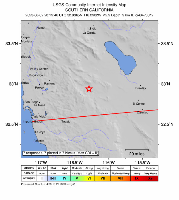 USGS DYFI community-reported intensity map for the M2.9 earthquake near 26km ENE of Pine Valley, CA