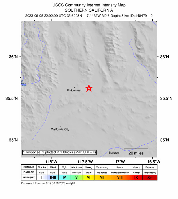 USGS DYFI community-reported intensity map for the M2.6 earthquake near 17km SSW of Searles Valley, CA