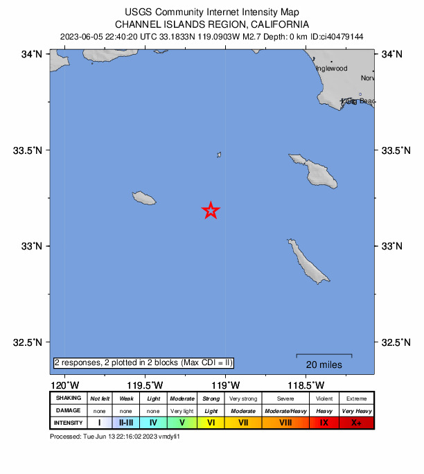 USGS DYFI community-reported intensity map for the M2.7 earthquake near 32km S of Santa Barbara Is., CA
