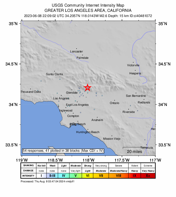 USGS DYFI community-reported intensity map for the M2.6 earthquake near 6km NE of Sierra Madre, CA
