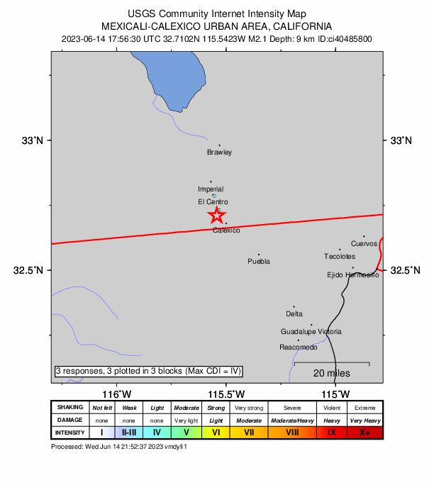 USGS DYFI community-reported intensity map for the M2.1 earthquake near 3km SSW of Heber, CA