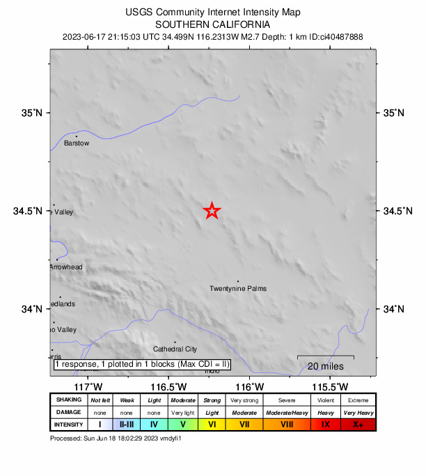 USGS DYFI community-reported intensity map for the M2.7 earthquake near 26km SSW of Ludlow, CA