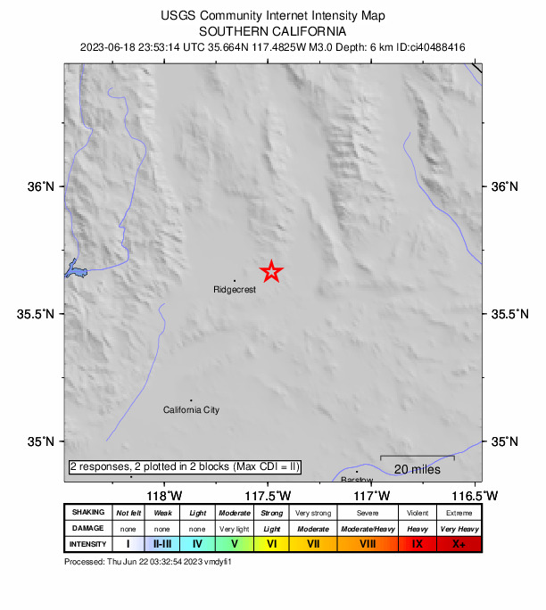 USGS DYFI community-reported intensity map for the M3.0 earthquake near 14km SSW of Searles Valley, CA