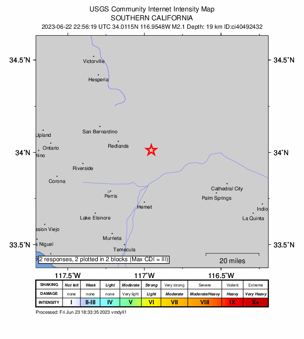 USGS DYFI community-reported intensity map for the M2.1 earthquake near 8km ESE of Yucaipa, CA