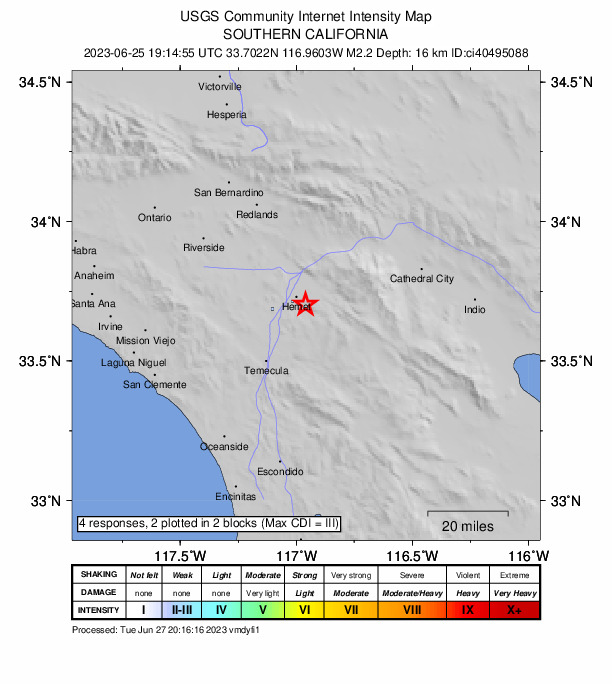 USGS DYFI community-reported intensity map for the M2.2 earthquake near 5km SSE of Hemet, CA