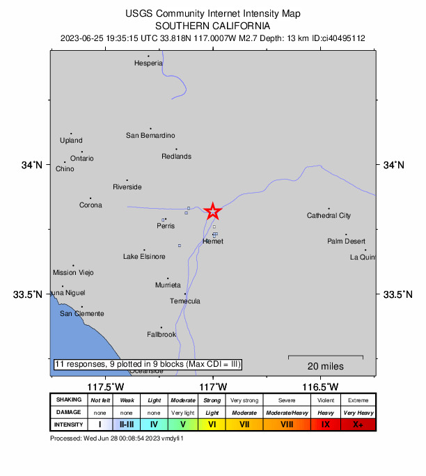 USGS DYFI community-reported intensity map for the M2.7 earthquake near 5km NW of San Jacinto, CA