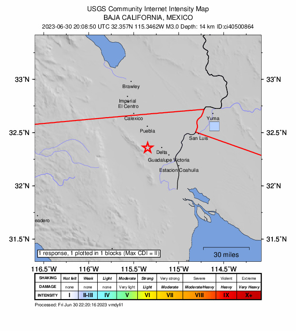 USGS DYFI community-reported intensity map for the M3.0 earthquake near 14km W of Delta, B.C., MX