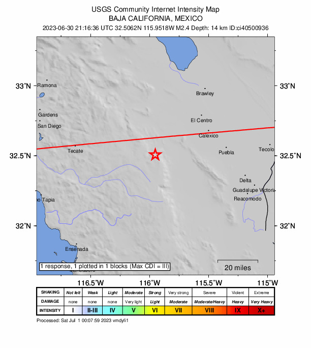 USGS DYFI community-reported intensity map for the M2.4 earthquake near 26km S of Ocotillo, CA