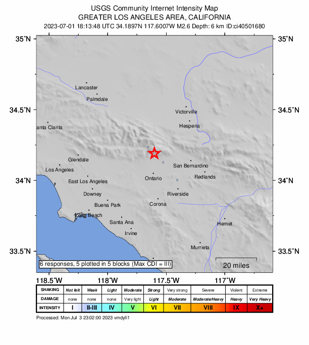 USGS DYFI community-reported intensity map for the M2.6 earthquake near 8km NNW of Rancho Cucamonga, CA