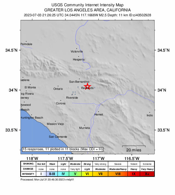 USGS DYFI community-reported intensity map for the M2.5 earthquake near 2 km SE of Redlands, CA