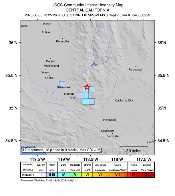 USGS DYFI community-reported intensity map for the M3.3 earthquake near 23 km NNW of Tehachapi, CA