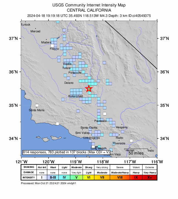 USGS DYFI community-reported intensity map for the M4.3 earthquake near 11 km S of Bodfish, CA