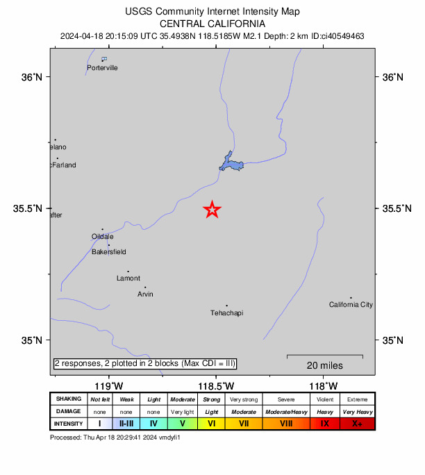 USGS DYFI community-reported intensity map for the M2.1 earthquake near 11 km SSW of Bodfish, CA