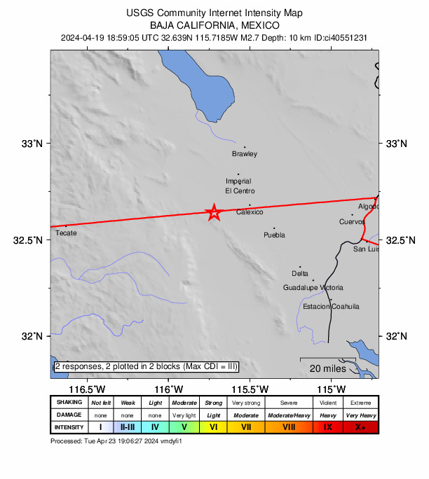 USGS DYFI community-reported intensity map for the M2.7 earthquake near 14 km WNW of Progreso, B.C., MX