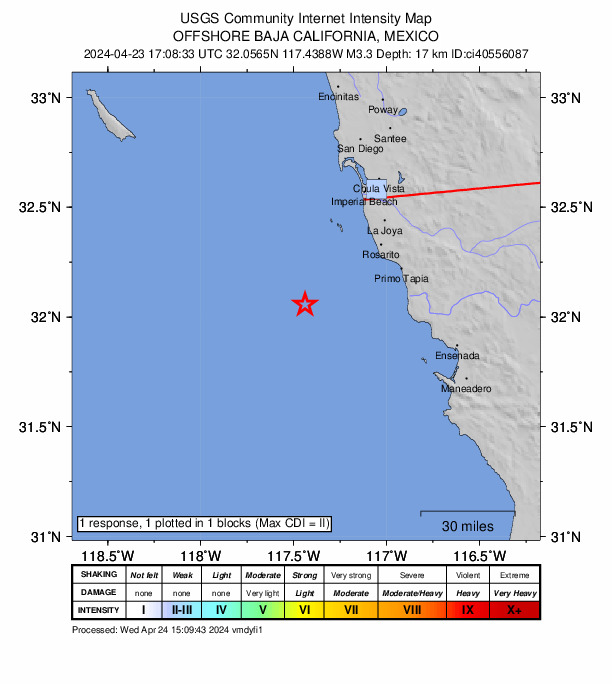 USGS DYFI community-reported intensity map for the M3.3 earthquake near 49 km SW of Rosarito, B.C., MX