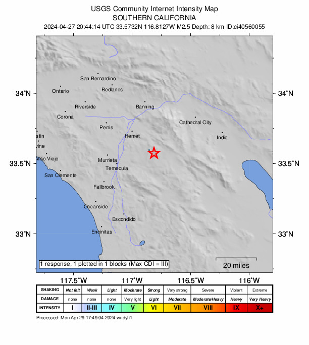 USGS DYFI community-reported intensity map for the M2.5 earthquake near 13 km W of Anza, CA