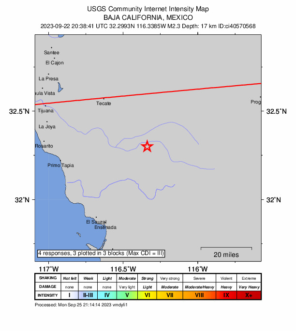 USGS DYFI community-reported intensity map for the M2.3 earthquake near 36 km SSE of Campo, CA