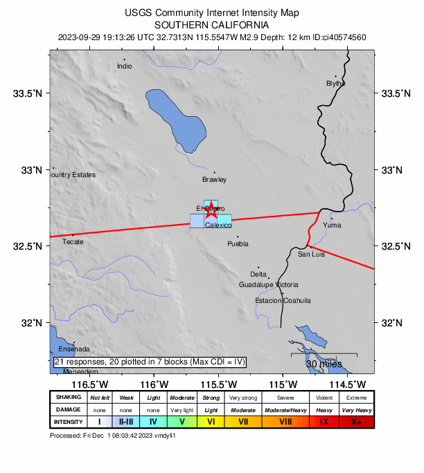 USGS DYFI community-reported intensity map for the M2.9 earthquake near 2 km W of Heber, CA