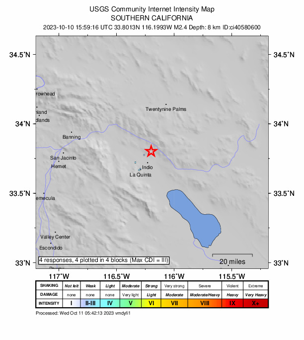 USGS DYFI community-reported intensity map for the M2.4 earthquake near 9 km N of Indio, CA