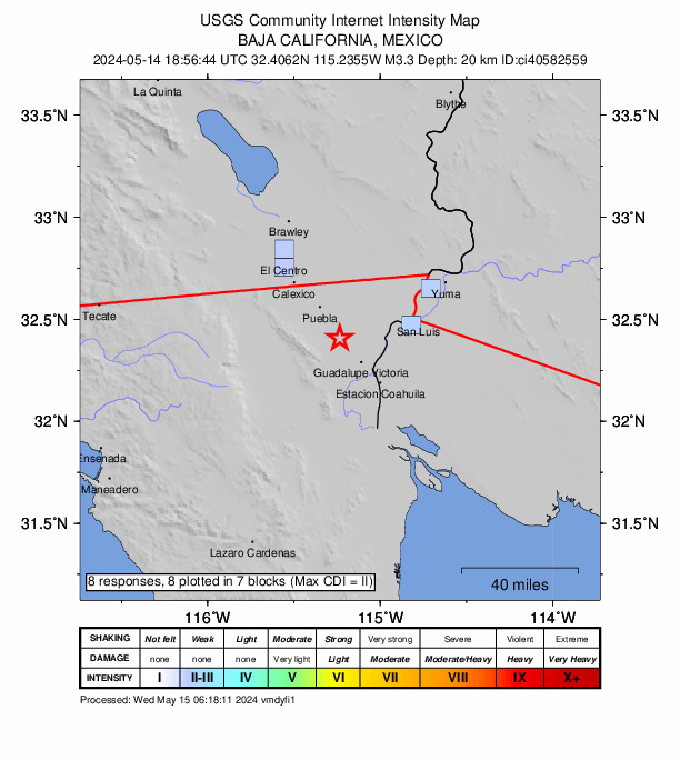 USGS DYFI community-reported intensity map for the M3.3 earthquake near 7 km NW of Delta, B.C., MX