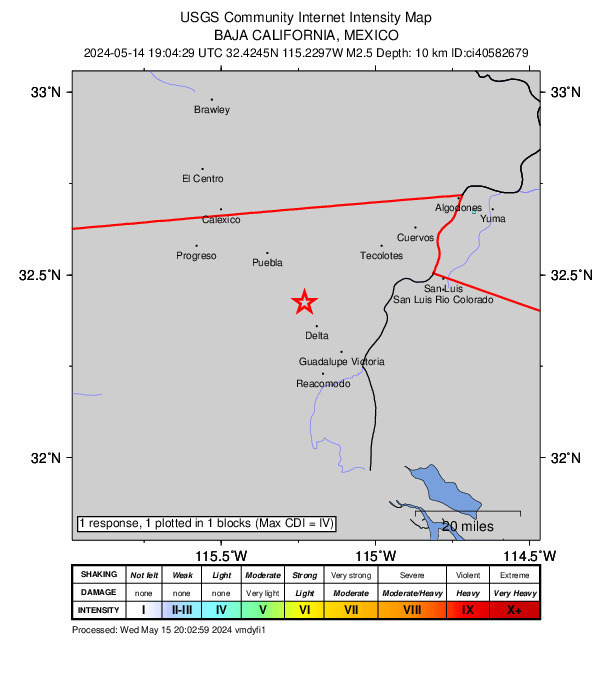USGS DYFI community-reported intensity map for the M2.5 earthquake near 8 km NNW of Delta, B.C., MX