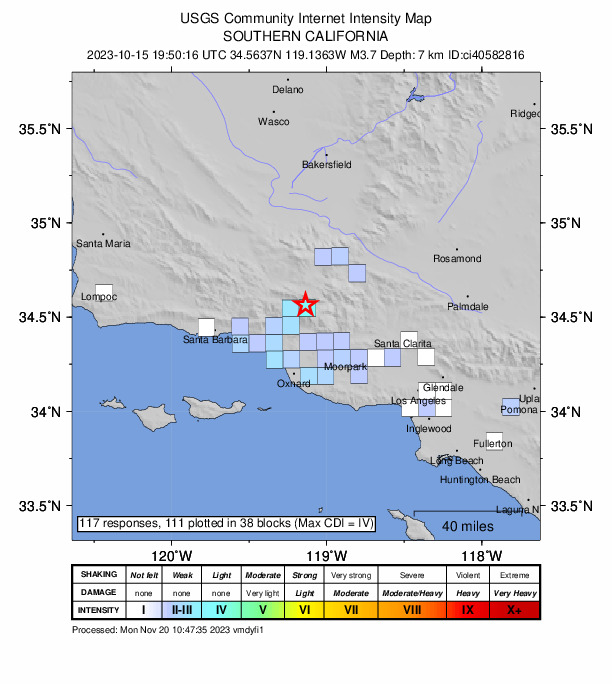 USGS DYFI community-reported intensity map for the M3.7 earthquake near 16 km NE of Ojai, CA